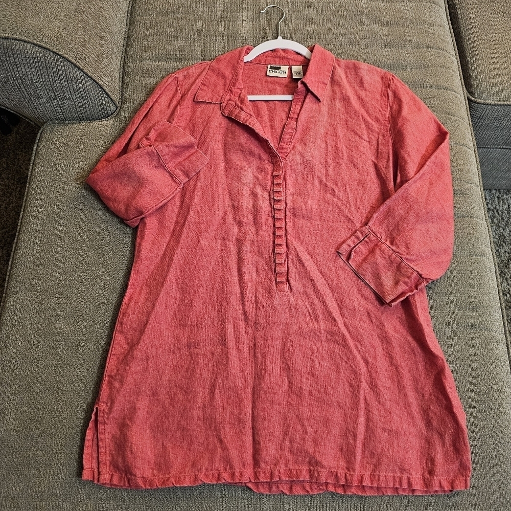 Chico's Red Pink Linen Relaxed Oversized Casual Tunic Top Size 1/Medium